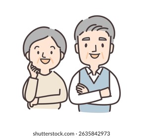 A woman with her hands on her face and a man with his arms folded, upper body illustration.