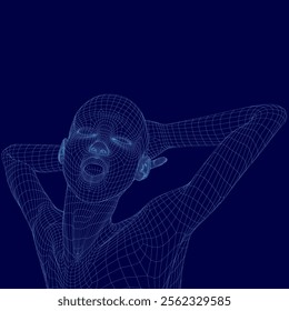 Woman with her hands on her head, looking sad. The image is in blue and has a futuristic feel to it