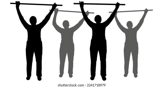 A woman with her hands up and a stick in her hands. Older women perform physical exercises with sticks in their hands. Sports for pensioners. Front view, full face. Female silhouette isolated on white
