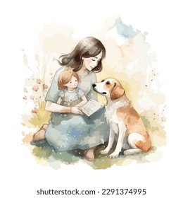 A woman with her kid and dog illustration in watercolor for mothers day