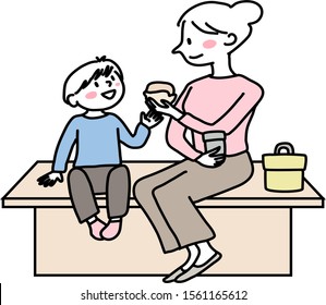 Woman and her kid sitting together on bench, have lunch. Mother and little son sitting on bench and eating sandwiches. Cute mother and little child eating food together outdoors. Hand-drawn vector.