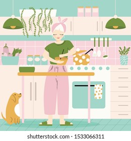 A woman in her kitchen with food and dog. Home atmosphere, healthy food, world food day. Flat vector illustration