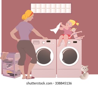 A woman with her little daughter doing laundry in a basement of her house, EPS 8 vector illustration