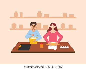 Woman and her male friend are crafting, they're going to make bread and etc.
design, illustration, vector