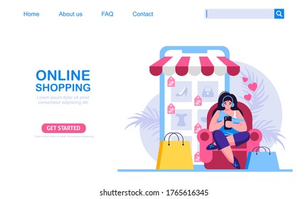A woman with her mobile phone shop at online store. Mobile phone store at background. Online shopping concept vector illustration, perfect for web design, banner, mobile app, landing page. 