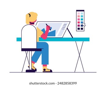 The woman in her office is focusing on her work, a professional graphic designer. Character design. Vector flat illustration