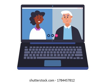 Woman with her old father having video call on laptop computer. Quarantine or people in Isolation