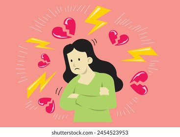 woman in her period, with a bad mood, and grumpy face, with thunder and heartbreak icon, with soft background color