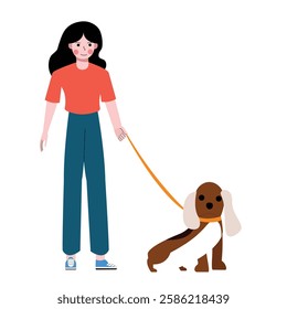 Woman with her pet dog. Run, walk and play with the dog. Flat design vector illustration isolated on white background