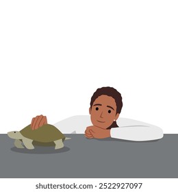 Woman and her pet tortoise or turtle walking on the desk. Flat vector illustration isolated on white background