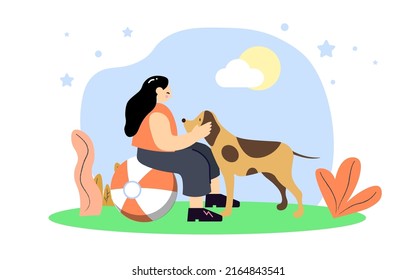 A Woman with her pet. Young Woman playing with her dog. Happy pet lover with dog, Young woman trains her dog. Woman with dog - Vector illustration EPS