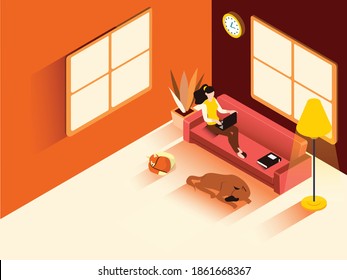 Woman and her pets working from home with a laptop computer flat isometric vector 3d design