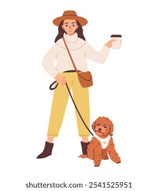 Woman and her playful poodle walking outdoors. Pet owner with pet on a walk. Flat illustration.