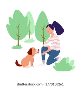 A woman and her dog’s playing around in the park on Sunday morning. She takes her dog’s surrounds the park and feed it after the dog’s doing a good things. Vector illustration of woman activity.