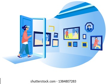 Woman in her Room Wearing Virtual Glasses and Looking at Virtual Art Gallery or Museum. Vr Education, Entertainment and Augmented Reality Scene with Female Character. Cartoon Flat Vector Illustration