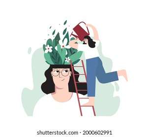 A woman and her small self watering plants and flowers growing  in her head as a metaphor for personal growth and  a positive mindset. Hand drawn vector illustration for social media, banner, add.