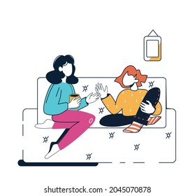 A woman with her teenage daughter is sitting on the couch and chatting. Happy family relationship. Minimalism. Vector illustration in cartoon style isolated on white background.