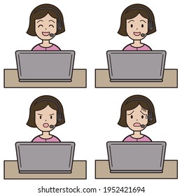 
A woman in her twenties to thirties in pink clothes who answers the phone while typing on a computer. Call center, facial expression pattern