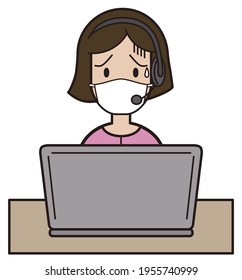 A woman in her twenties to thirties in pink clothes who answers the phone while typing on a computer. Call center troubled face mask