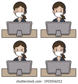 
A woman in her twenties to thirties in a suit who answers the phone while typing on a computer. Call center facial expression pattern mask