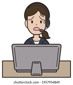 
A woman in her twenties to thirties in a suit who answers the phone while typing on a computer. Call center remote work is in trouble
