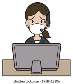 
A woman in her twenties to thirties in a suit who answers the phone while typing on a computer. Call center mask is in trouble