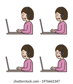 A woman in her twenties to thirties who answers the phone while typing on a computer. Call center, facial expression pattern, sideways