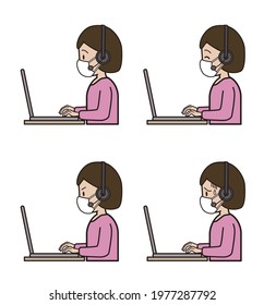 A woman in her twenties to thirties who answers the phone while typing on a computer. Call center, facial expression pattern, sideways, mask