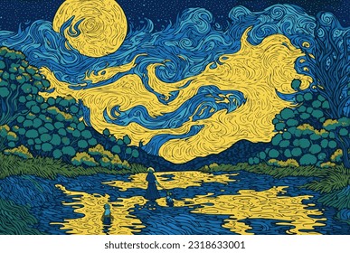 Eine Frau und ihre zwei Kinder, die sich den Vollmond ansehen. Eine zauberhafte Landschaft im Stil des Vincent van Gogh