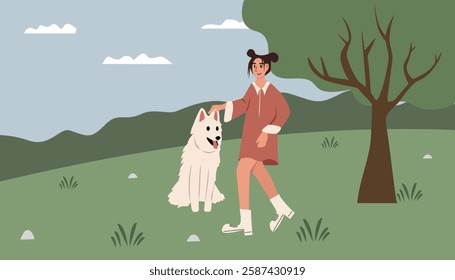 Woman and her white Dog in the Park. Girl with dog. People with animal. Cartoon illustration of girl with dog in the park. Spring season. Summer time. Eksimo dog.