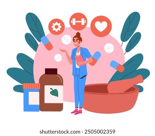 Mujer con tabletas de hierbas. Muchacha joven en uniforme médico con las píldoras. Salud y medicina. Diagnóstico y tratamiento. Medicina y farmacia. Ilustración vectorial plana aislada sobre fondo blanco