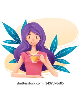 Woman with herbal tea time, Character cartoon of people enjoy free time, Woman drinking tea, Abstract nature border and white background - Vector