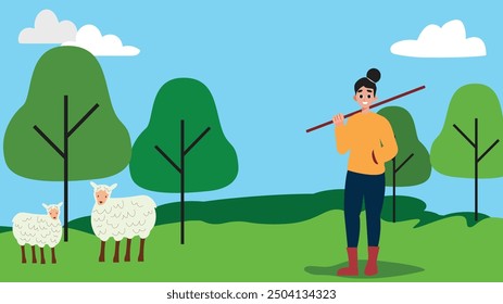 Woman herding sheep in a lush green meadow, under a bright blue sky.

