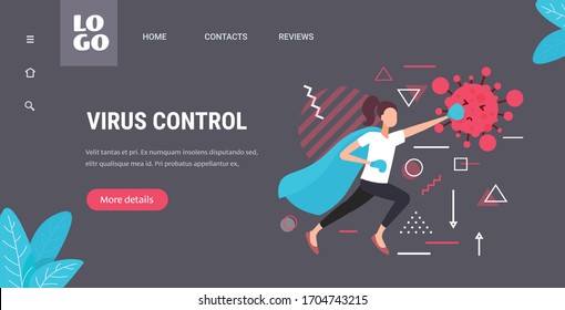 woman in hero cape and gloves fighting against coronavirus covid-19 virus control concept horizontal copy space full length vector illustration