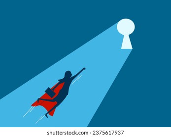 woman hero flies into a bright keyhole. Vector