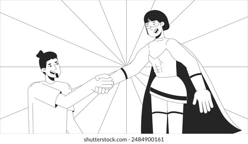 Woman hero giving helping hand to man black and white 2D illustration concept. Female caring about european male outline cartoon scene background. Support metaphor metaphor monochrome vector art