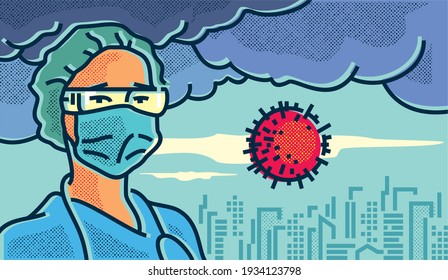 Woman hero medic in a medical mask and protective glasses against the background of a formidable sky over the city and a particle of the covid-19 virus. Coronavirus pandemic topic illustration.