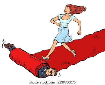 Woman hero on the red carpet of the film premiere. The winner goes ahead. Pop art retro vector illustration 50s 60s style kitsch vintage