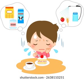 A woman hesitates to eat a cake because she is worried about its ingredients