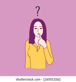 A woman is hesitating and wondering with a curious expression. hand drawn style vector design illustrations.