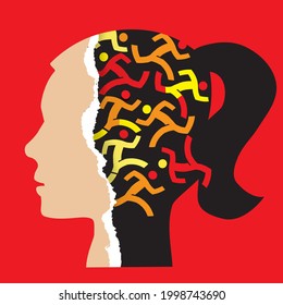 Woman hidden stress concept.
Stylized female Head silhouette with running people icons symbolized stress. Vector available.