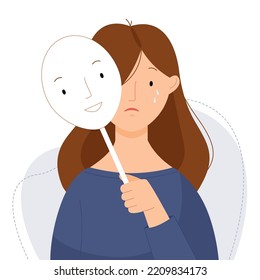 A woman hides her emotions behind a mask. Girl crying and holding a happy mask. Vector flat illustration.