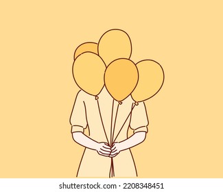  woman hides her face behind  balloons on yellow background. Hand drawn style vector design illustrations.