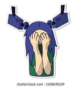 woman hides her face with hands from surveillance cameras. cctv. white background sticker isolated stock vector illustration
