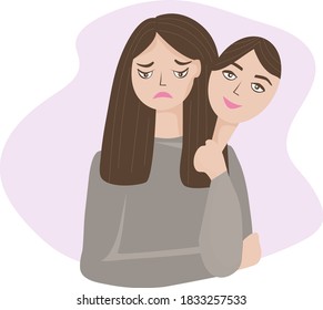 A woman hides her negative emotions under a mask. Sadness, sadness and pain hide with a smile on her face. The concept of psychological problems, closed feelings and social restrictions. vector