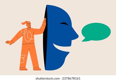 Woman hides his face behind a fake mask that pretends to be lying. Lie or defraud your business. Colorful vector illustration
