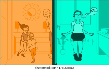 Woman hides in toilet room for daily meditation while her husband takes care of kids. Funny concept illustration about self care and mom's daily routine. Vibrant colors and cartoon style vector art.