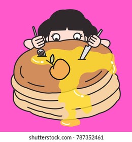 Woman Hiding Behind The Giant Pancake Sneaking And Eating It. Appetite And Gluttony Concept Card Character illustration