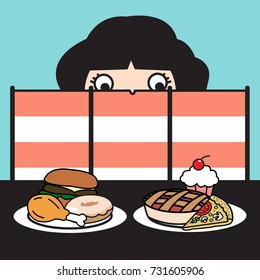 Woman  Hiding Behind The Screen Sneaking And Looking At Delicious Food On Table. Appetite And Gluttony Concept Card Character illustration