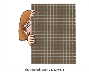 Woman Hiding Behind Wall Action Cartoon, Vector